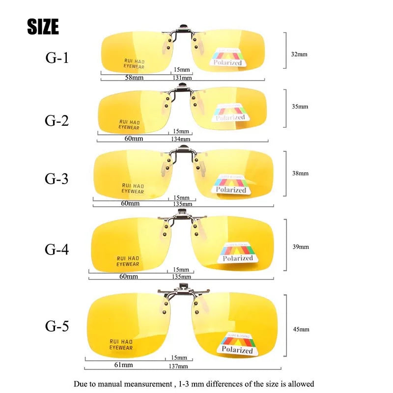 Yellow Polarized Clip on Sunglasses Alloy Bridge Can up Sunglasses Clip Men Women Sun Glasses Eyeglasses Night Vision Lenses