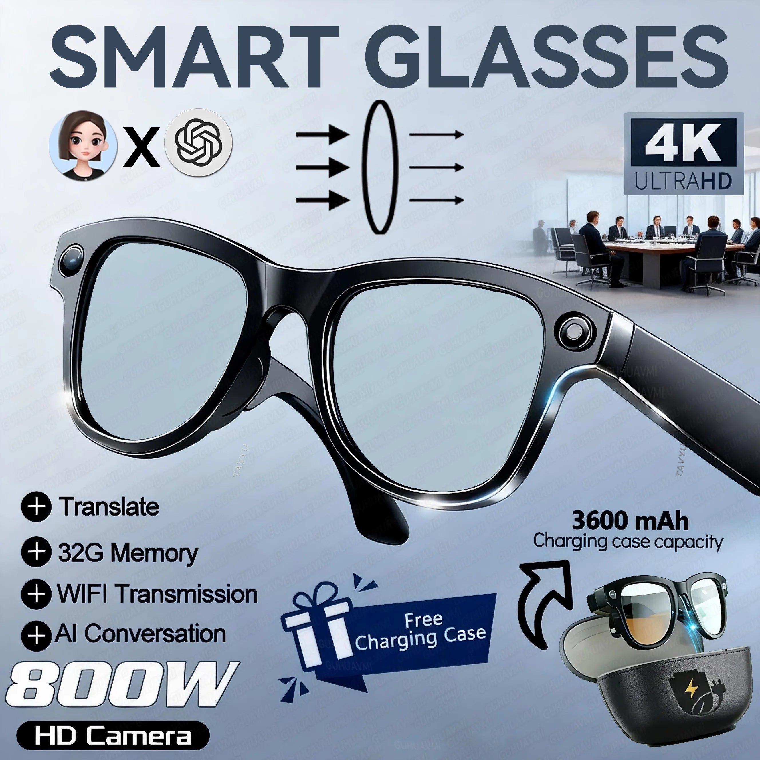 2026 Ultra AI Smart Glasses 1200P Camera ChatGPT Voice Assistant 32GB Storage Real-time Translation Bluetooth Music Sunglasses