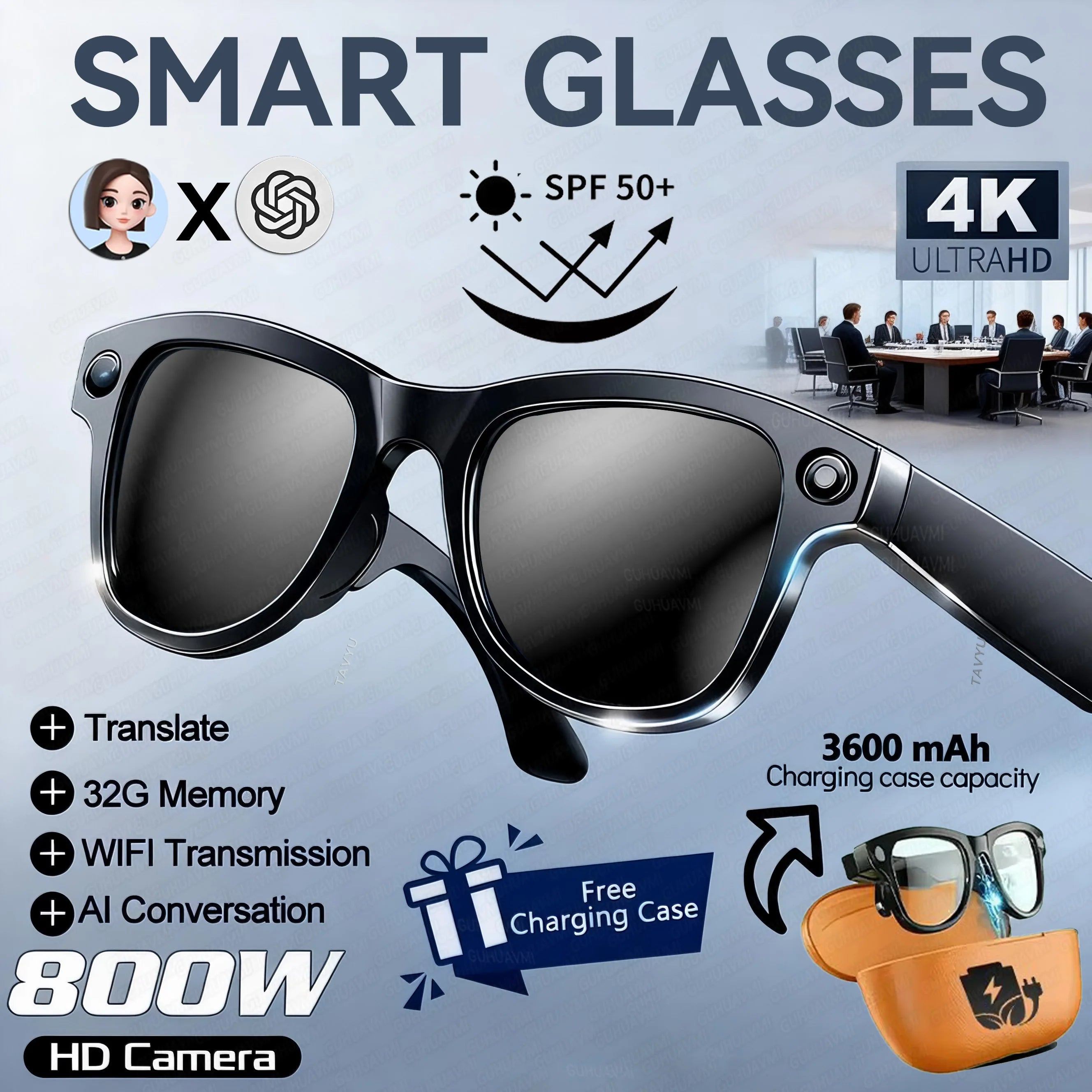 2026 Ultra AI Smart Glasses 1200P Camera ChatGPT Voice Assistant 32GB Storage Real-time Translation Bluetooth Music Sunglasses