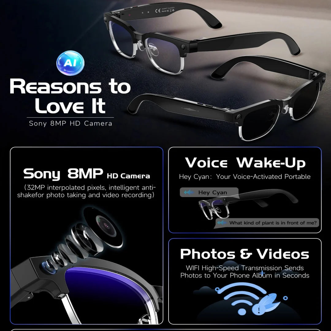 4K HD Color Changing AI Smart Glasses 800W Pixel Camera Bluetooth Call Voice Assistant Control Smart Sports Glasses 2026 Hot