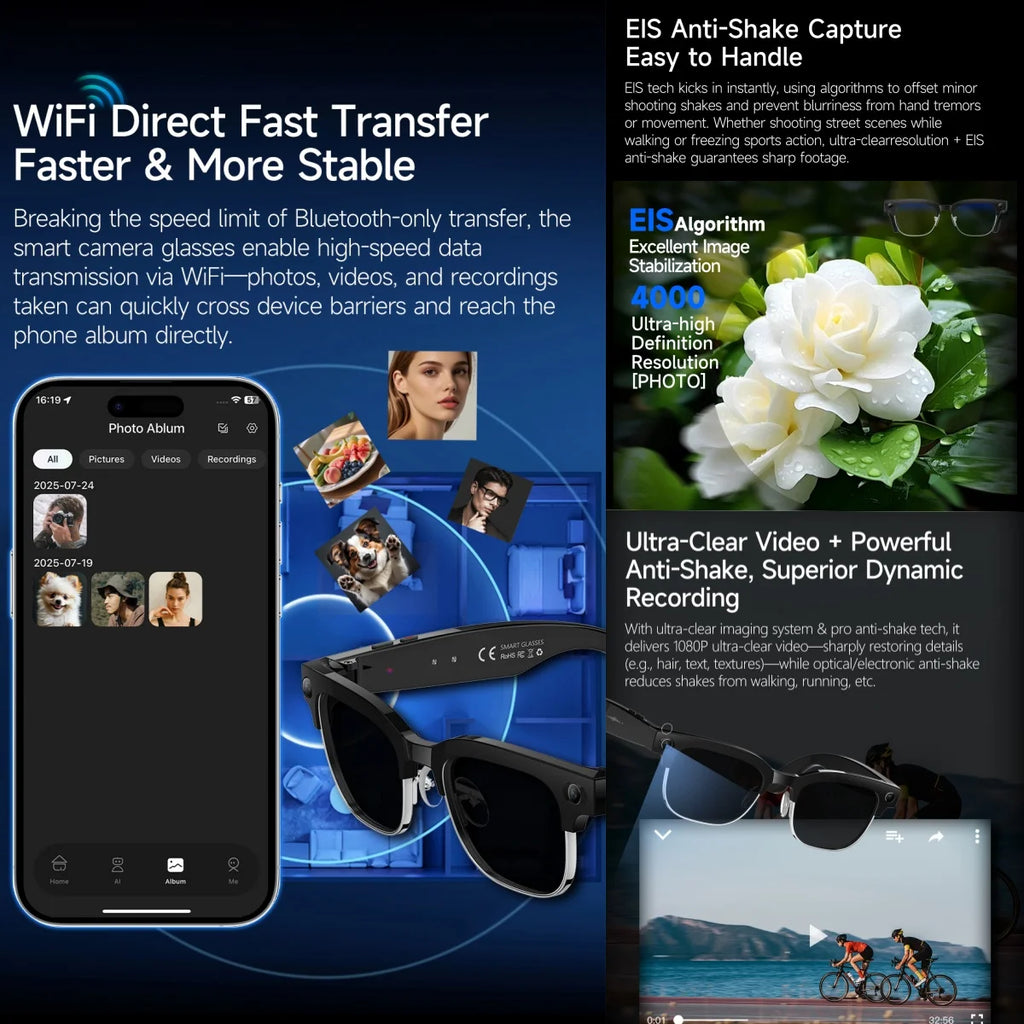 4K HD Color Changing AI Smart Glasses 800W Pixel Camera Bluetooth Call Voice Assistant Control Smart Sports Glasses 2026 Hot