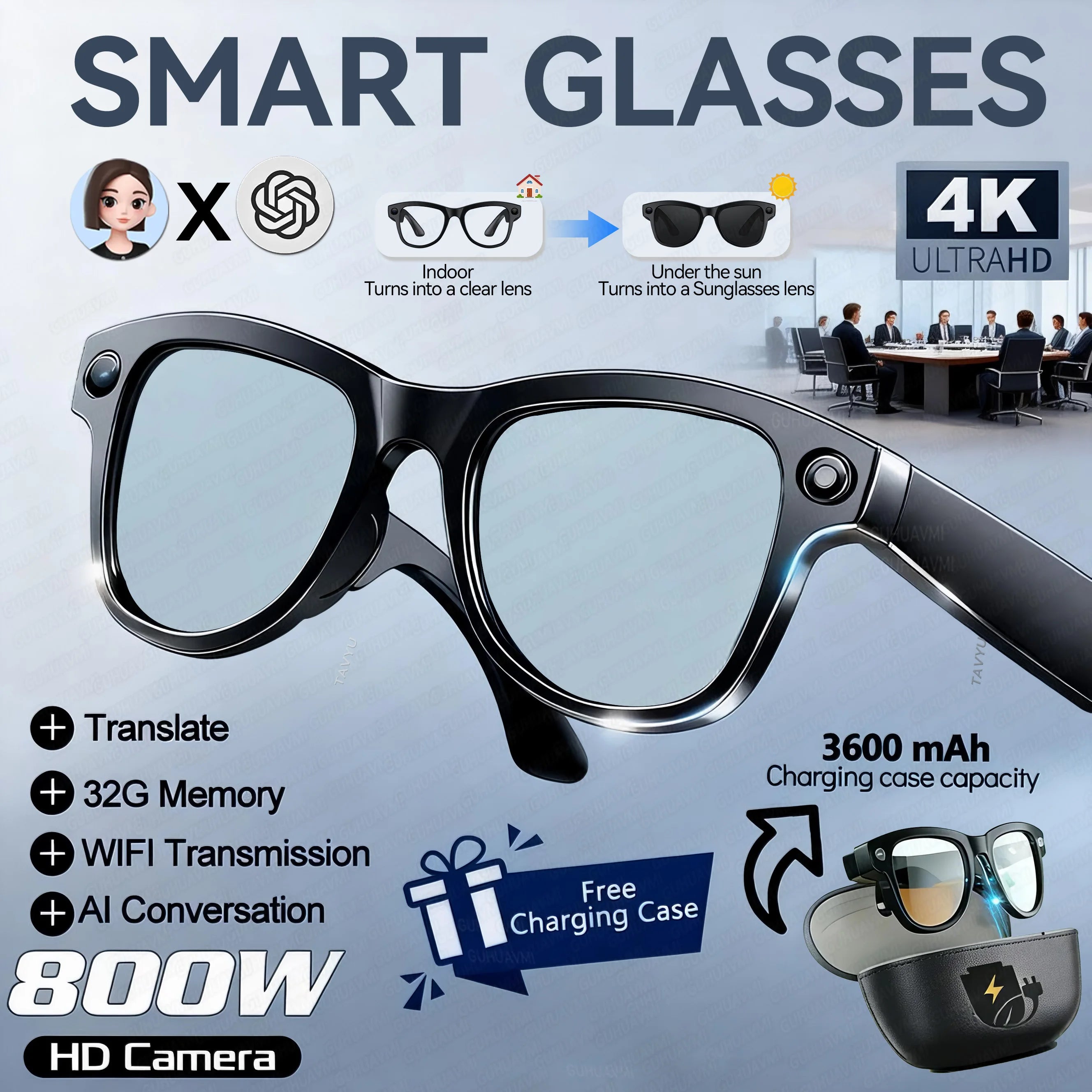 2026 Ultra AI Smart Glasses 1200P Camera ChatGPT Voice Assistant 32GB Storage Real-time Translation Bluetooth Music Sunglasses