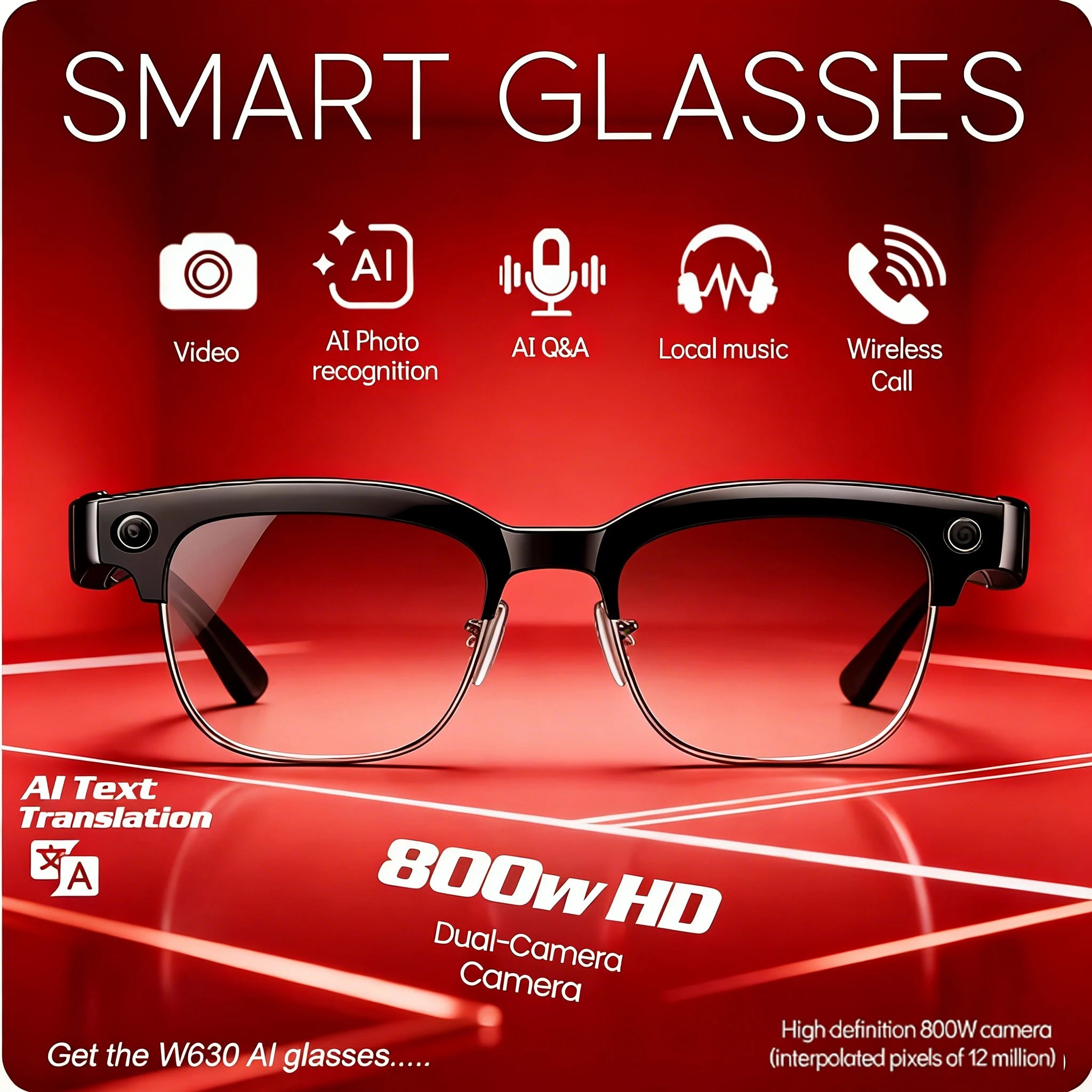 4K HD Color Changing AI Smart Glasses 800W Pixel Camera Bluetooth Call Voice Assistant Control Smart Sports Glasses 2026 Hot