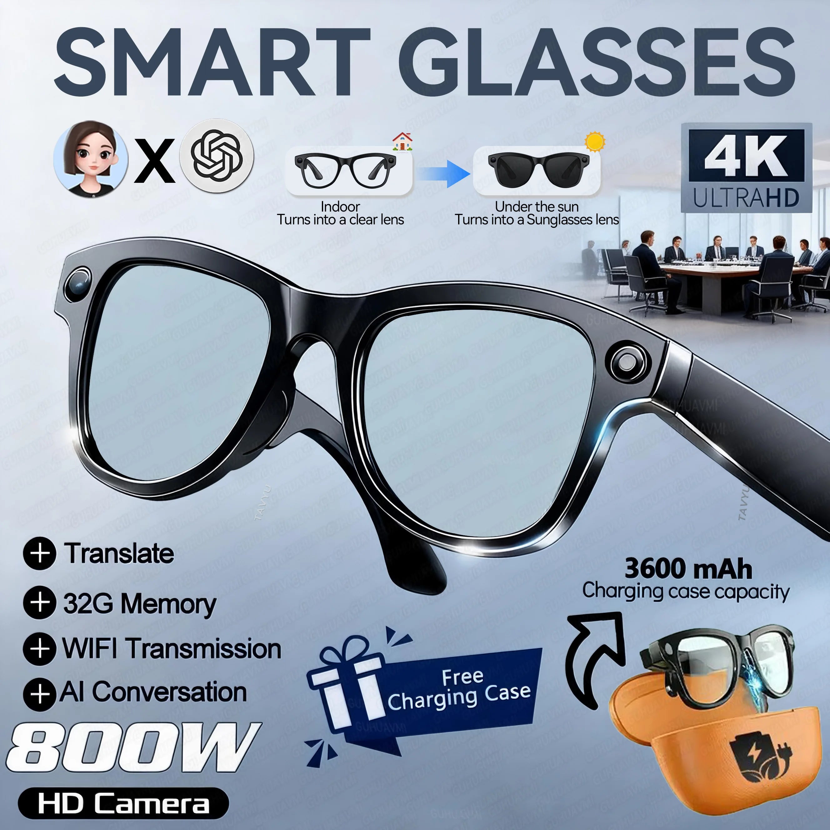 2026 Ultra AI Smart Glasses 1200P Camera ChatGPT Voice Assistant 32GB Storage Real-time Translation Bluetooth Music Sunglasses