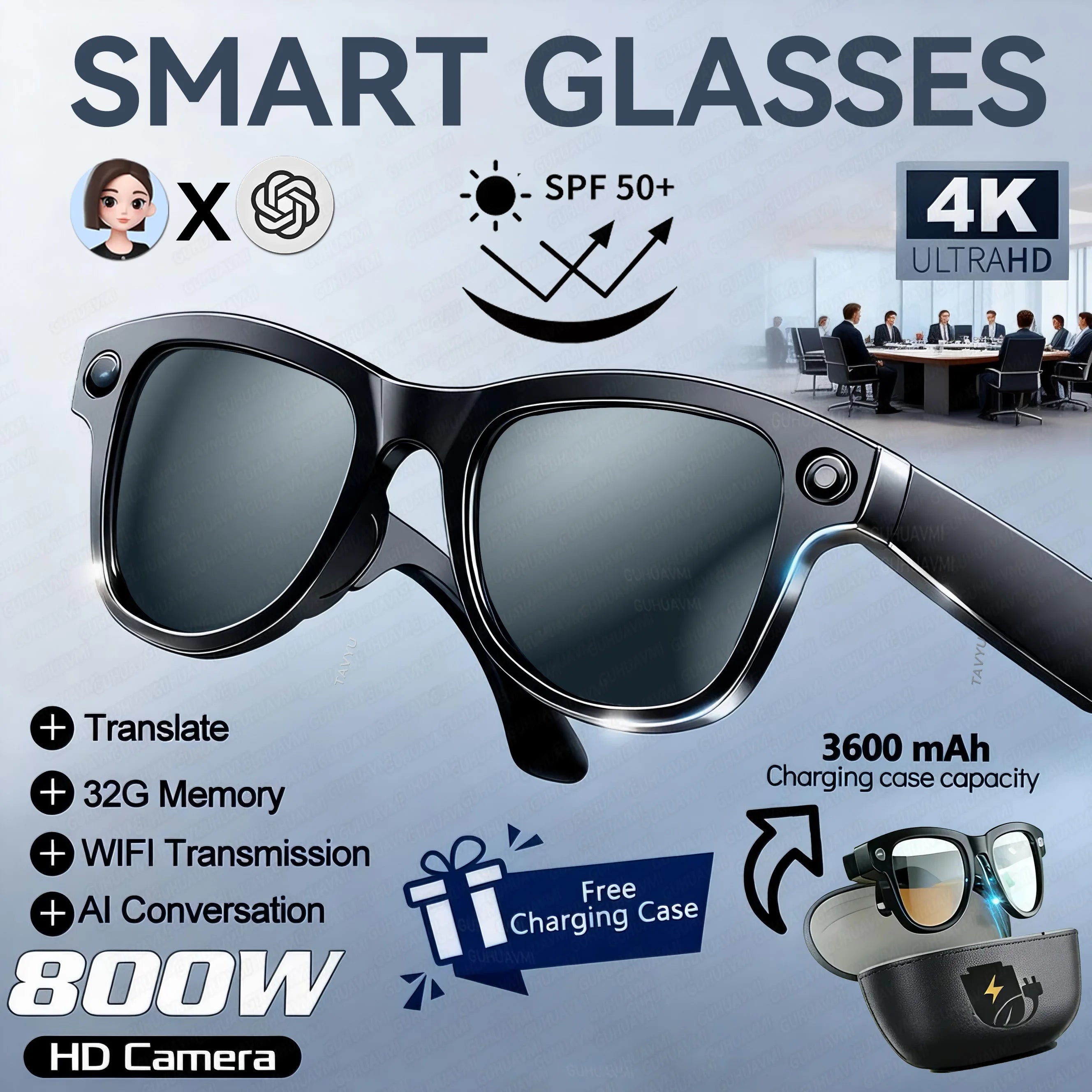 2026 Ultra AI Smart Glasses 1200P Camera ChatGPT Voice Assistant 32GB Storage Real-time Translation Bluetooth Music Sunglasses