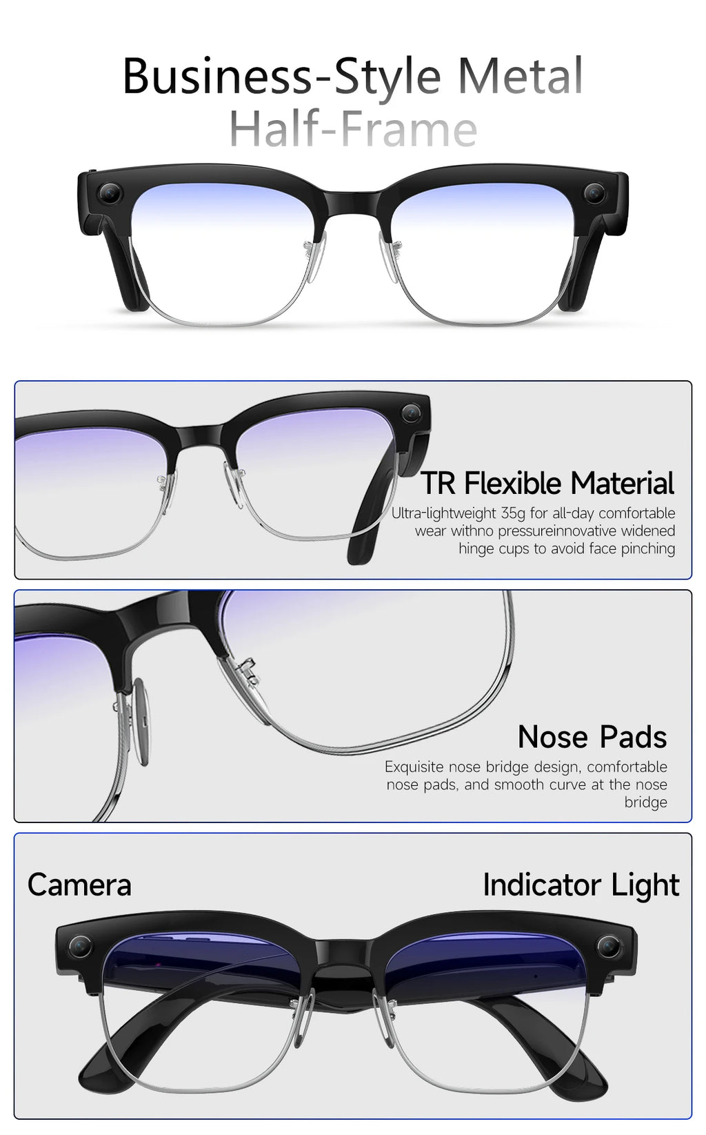 4K HD Color Changing AI Smart Glasses 800W Pixel Camera Bluetooth Call Voice Assistant Control Smart Sports Glasses 2026 Hot