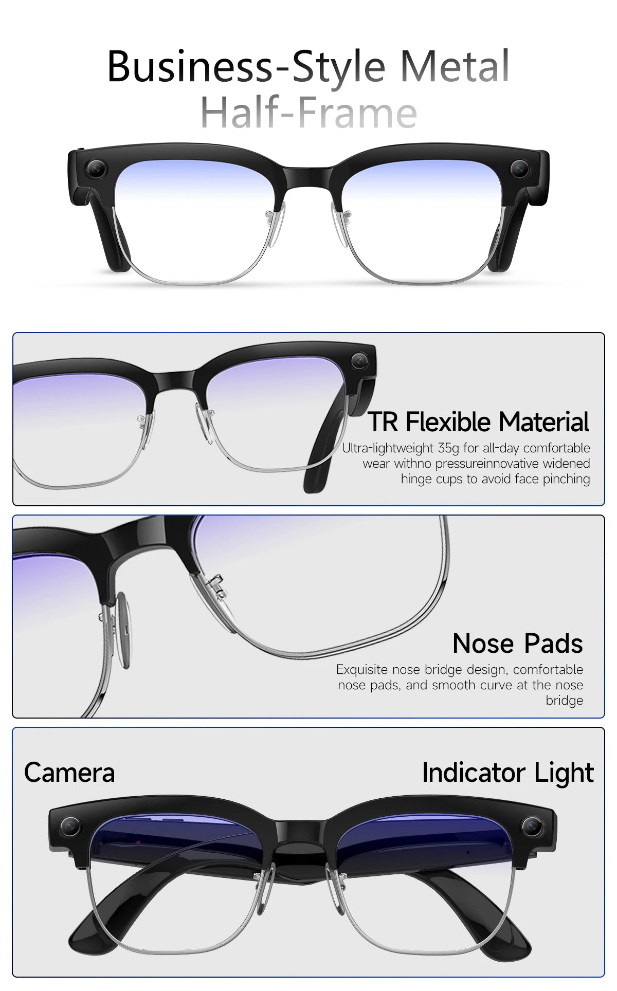 4K HD Color Changing AI Smart Glasses 800W Pixel Camera Bluetooth Call Voice Assistant Control Smart Sports Glasses 2026 Hot