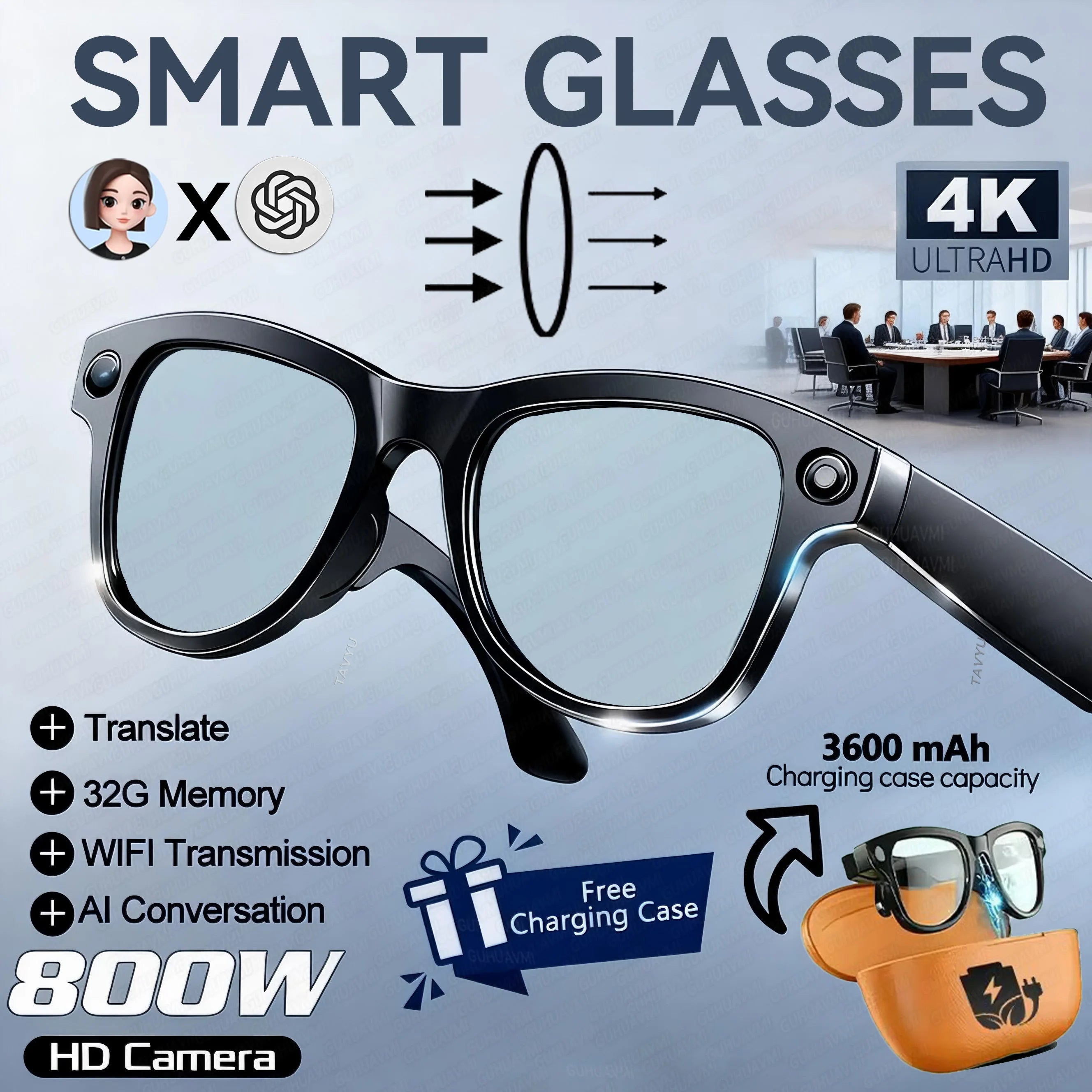 2026 Ultra AI Smart Glasses 1200P Camera ChatGPT Voice Assistant 32GB Storage Real-time Translation Bluetooth Music Sunglasses