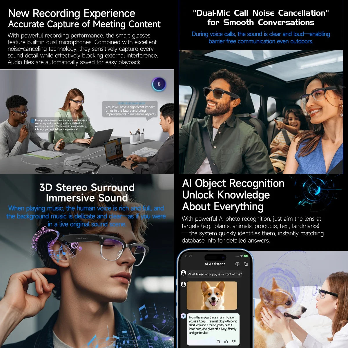 4K HD Color Changing AI Smart Glasses 800W Pixel Camera Bluetooth Call Voice Assistant Control Smart Sports Glasses 2026 Hot