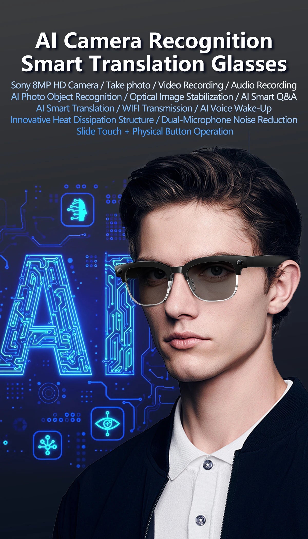 4K HD Color Changing AI Smart Glasses 800W Pixel Camera Bluetooth Call Voice Assistant Control Smart Sports Glasses 2026 Hot